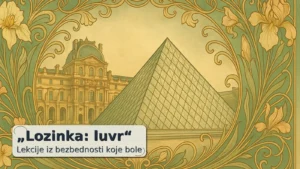 Art Nouveau ilustracija sa stilizovanom siluetom muzeja nalik Luvru; tekst „Lozinka: luvr“ i podnaslov „Lekcije iz bezbednosti koje bole“.