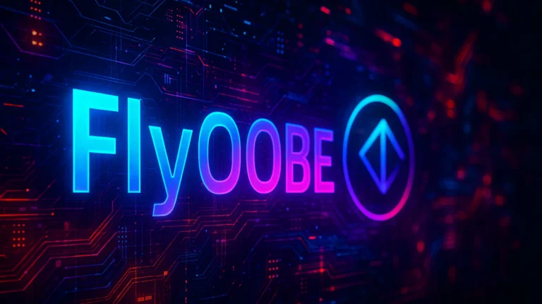 FlyOOBE logo u sajberpank stilu sa neonskim bojama na digitalnoj ploči