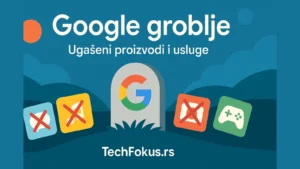 Google groblje – ilustracija nadgrobne ploče sa Google logotipom i ikonicama ukinutih servisa, naslov „Ugašeni proizvodi i usluge“