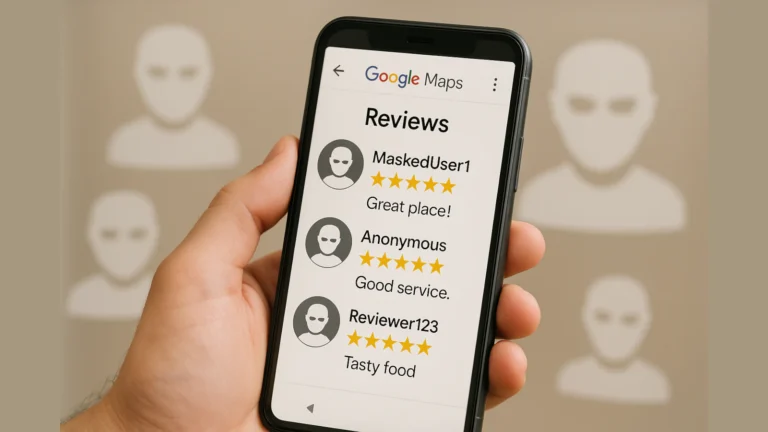 Ruka drži telefon sa Google Maps ekranom na kome se vide anonimne recenzije pod nadimcima.