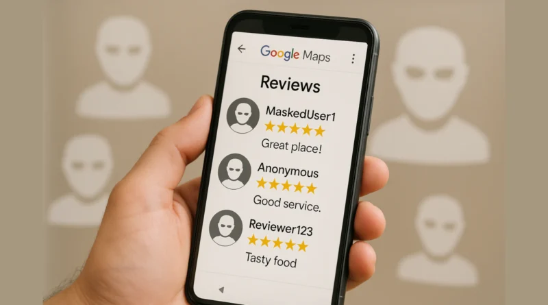 Ruka drži telefon sa Google Maps ekranom na kome se vide anonimne recenzije pod nadimcima.