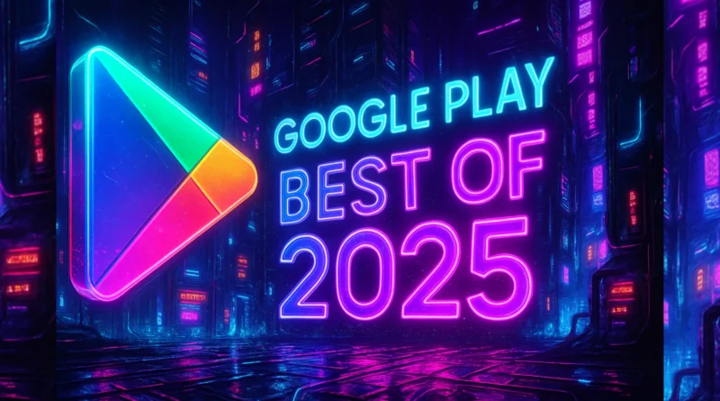 Cyberpunk gradski pejzaž sa neon Google Play simbolom i natpisom „Google Play Best of 2025“ u jarkim bojama