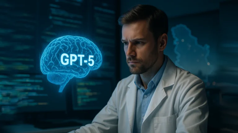 GPT-5 kao „Digitalni Kopilot“: Ubrzava nauku, ali da li je Srbija spremna za rizik autonomije? 1 Istraživač u laboratoriji posmatra hologramski mozak sa natpisom GPT-5 ispred stilizovane mape Srbije