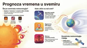 Infografika o svemirskoj meteorologiji: Sunčeve baklje, CME i Sunčev vetar te posledice po satelite, GPS i elektro-mreže, uz napomenu o srpskom satelitu MOSAIC.