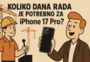 Ilustracija u retro stilu sa građevinskim radnikom i čovekom koji drži iPhone 17 Pro uz tekst Koliko dana rada je potrebno za iPhone 17 Pro
