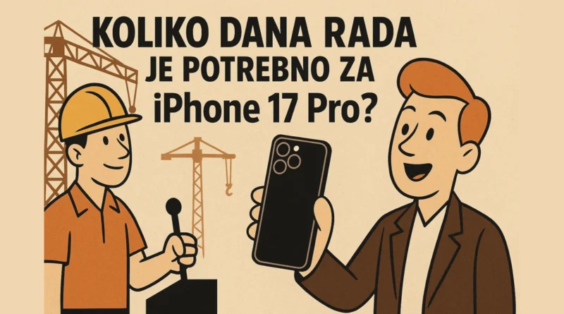 Ilustracija u retro stilu sa građevinskim radnikom i čovekom koji drži iPhone 17 Pro uz tekst Koliko dana rada je potrebno za iPhone 17 Pro