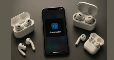 iPhone sa aktiviranom opcijom Share Audio i dva para AirPods bežičnih slušalica na tamnom stolu