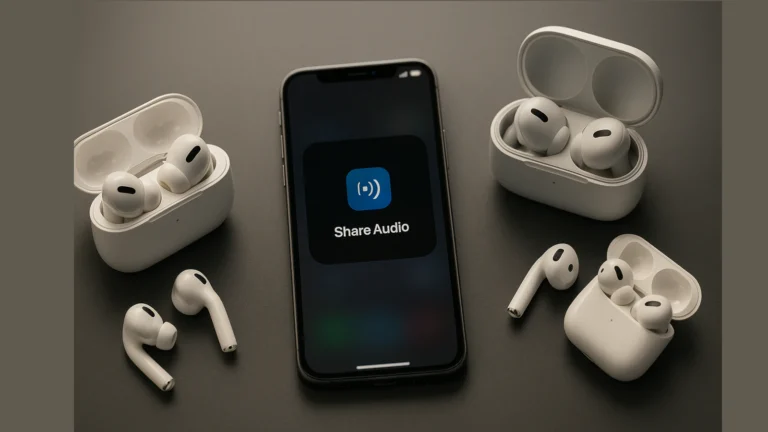 iPhone sa aktiviranom opcijom Share Audio i dva para AirPods bežičnih slušalica na tamnom stolu