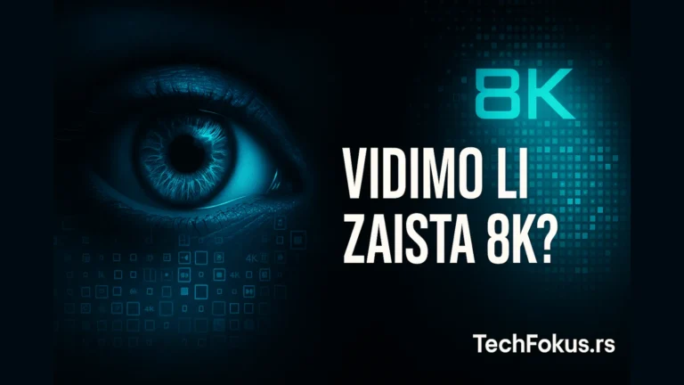 Koliku rezoluciju vidi ljudsko oko? Istina o 8K, megapikselima i granicama našeg vida 1 Ilustracija ljudskog oka i 8K piksela uz tekst „Vidimo li zaista 8K?“