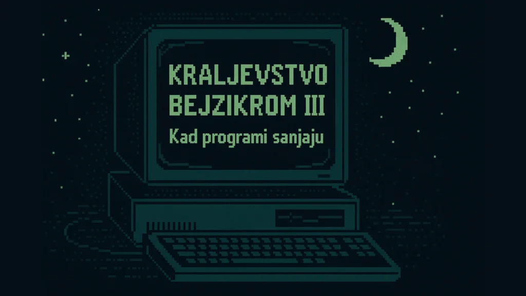 Pixel art ilustracija starog računara u noći, sa zelenim tekstom „Kraljevstvo Bejzikroma III – Kad programi sanjaju“ na ekranu