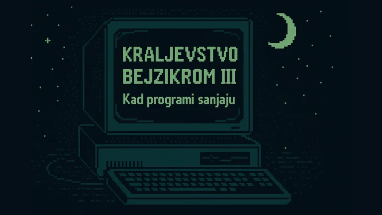 KRALJEVSTVO BEJZIKROM III – Kad programi sanjaju 1 Pixel art ilustracija starog računara u noći, sa zelenim tekstom „Kraljevstvo Bejzikroma III – Kad programi sanjaju“ na ekranu