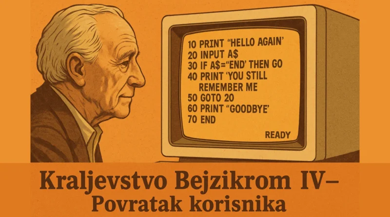 Stariji čovek u retro ilustraciji gleda u stari računar sa BASIC kodom na ekranu, naslov Kraljevstvo Bejzikroma IV – Povratak korisnika