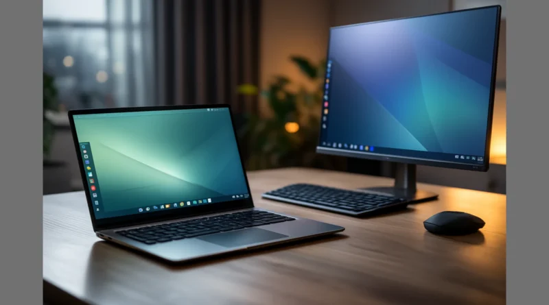 Moderni radni sto sa laptopom i monitorom na kojima su prikazane radne površine Linux Mint i Zorin OS kao alternative za Windows