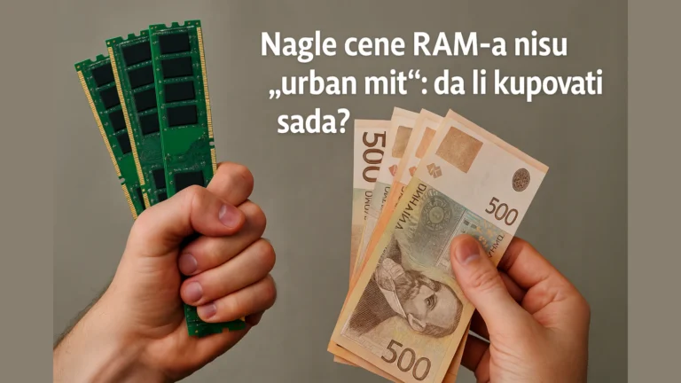 Ruke stegnuto drže RAM module i generičke novčanice srpskog dinara uz pitanje da li sada kupovati memoriju