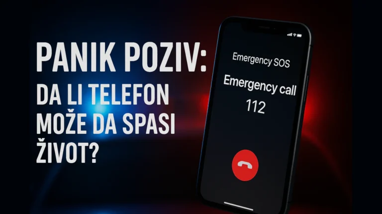 PANIK POZIV“ NA ENGLESKOM: Kada tehnologija pokuša da spasi život, a sistem „spusti slušalicu“ 1 Ilustracija pametnog telefona koji poziva hitnu pomoć 112 uz crveni panik taster i mapu sa lokacijom u pozadini