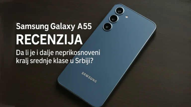 Samsung Galaxy A55 položen na drveni sto, prikaz zadnje strane telefona sa tri kamere i naslovom recenzije na srpskom jeziku