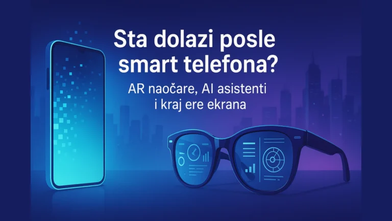 ta dolazi posle smart telefona – futuristički prikaz telefona koji se rasipa u piksele i AR naočara sa hologramskim interfejsom