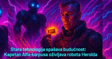 Kapetan Alfa-korpusa drži sjajni čip 6510 dok se iza njega nadvija borbeni robot Herold u neon oluji na planeti Odtion