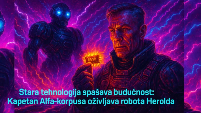 Kapetan Alfa-korpusa drži sjajni čip 6510 dok se iza njega nadvija borbeni robot Herold u neon oluji na planeti Odtion
