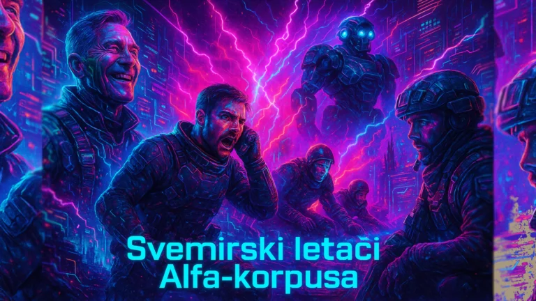 Svemirski letači Alfa-korpusa u futurističkim oklopima pod neon munjama na bojnom polju