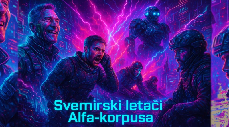 Svemirski letači Alfa-korpusa u futurističkim oklopima pod neon munjama na bojnom polju