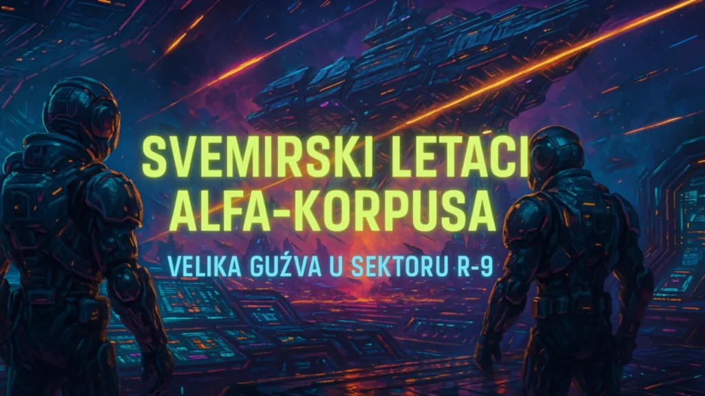 Svemirski letači Alfa-korpusa na komandnom mostu krstarice, cyberpunk SF scena sa naslovom Svemirski letači Alfa-korpusa i podnaslovom Velika gužva u sektoru R-9