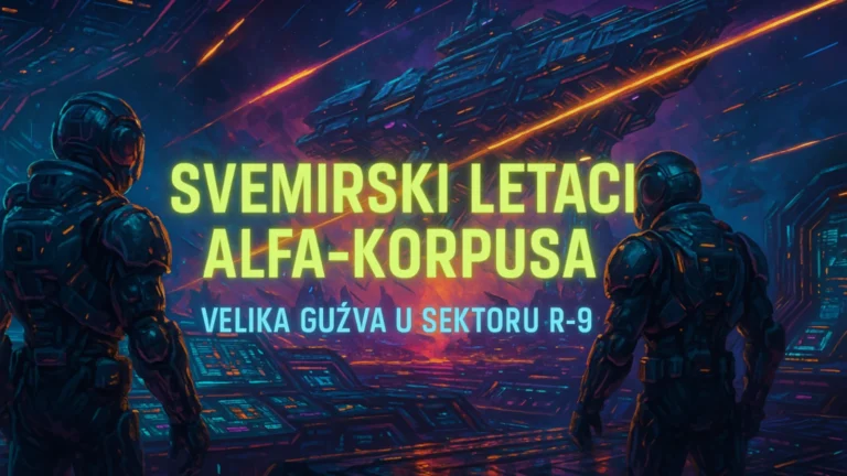 Svemirski letači Alfa-korpusa na komandnom mostu krstarice, cyberpunk SF scena sa naslovom Svemirski letači Alfa-korpusa i podnaslovom Velika gužva u sektoru R-9