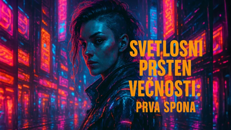 Cyberpunk ilustracija mlade žene u neonskom gradu sa tekstom „SVETLOSNI PRSTEN VEČNOSTI: PRVA SPONA“ na desnoj strani slike