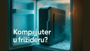 Svetliji hero vizual sa natpisom „Kompjuter u frižideru?“ — edukativni prikaz zašto frižider nije rešenje za hlađenje PC-a