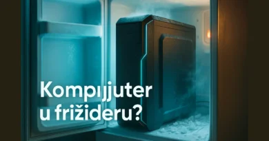 Svetliji hero vizual sa natpisom „Kompjuter u frižideru?“ — edukativni prikaz zašto frižider nije rešenje za hlađenje PC-a