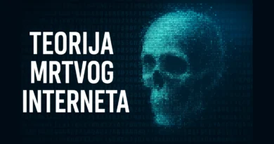 Digitalna ilustracija teorije mrtvog interneta – pikselizovana lobanja i plavi binarni kod u pozadini