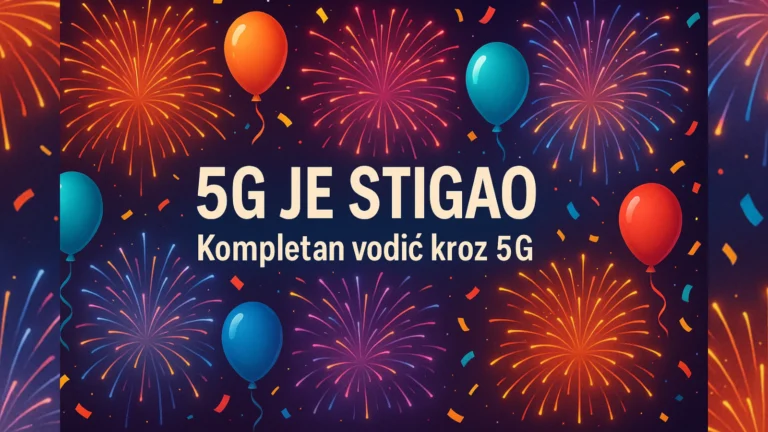 Svečani 5G vizual sa vatrometom, balonima i natpisom „5G je stigao – Kompletan vodič kroz 5G“