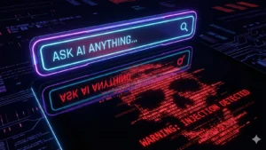 Futuristički AI search bar koji svetli plavim neonskim svetlom sa natpisom 'ASK AI ANYTHING'. Ispod njega, na tamnoj reflektivnoj površini, odraz prikazuje iskrivljenu crvenu lobanju sastavljenu od glitch koda i tekst upozorenja 'WARNING: INJECTION DETECTED', simbolizujući skrivenu sajber opasnost.
