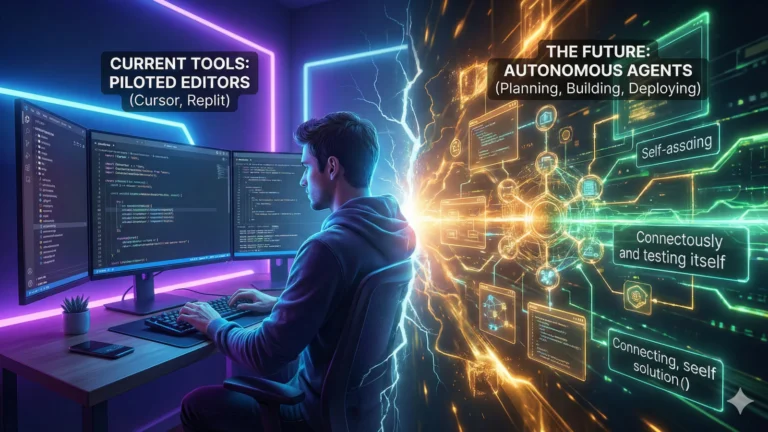 Futuristička ilustracija podeljena na dva dela: leva strana prikazuje bledi interfejs klasičnog editora koda (poput Cursora), dok desna strana prikazuje naprednu mrežu AI agenata koji samostalno grade digitalnu strukturu.