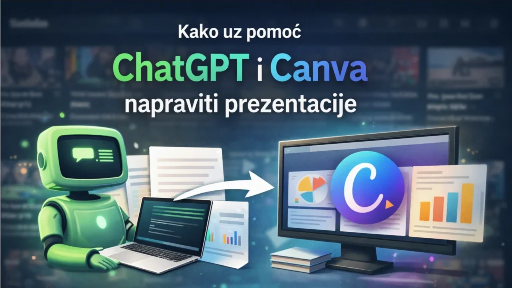 Ilustracija: ChatGPT i Canva pomažu u izradi prezentacija – robot, laptop i Canva slajdovi.
