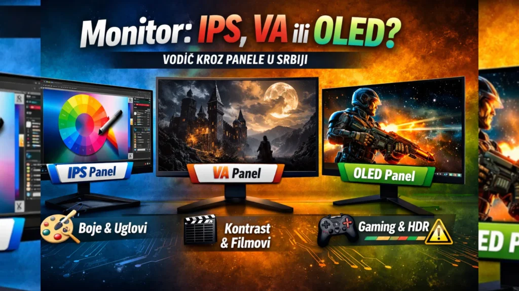 Ilustracija poređenja monitora IPS, VA i OLED panela sa naglašenim naslovom vodiča.