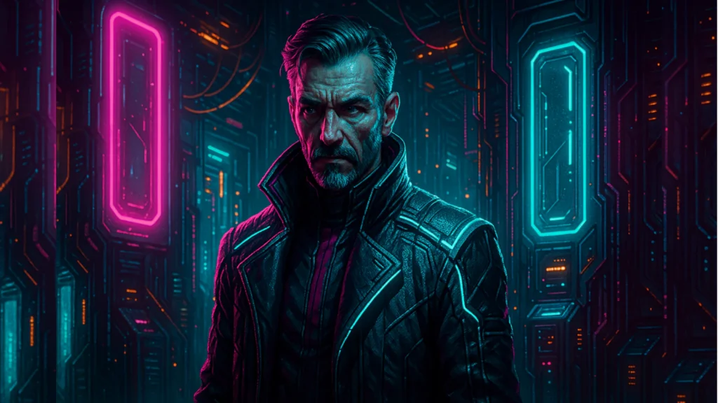 Cyberpunk portret kapetana Raldea u neonskom hodniku svemirskog broda, visoki kontrast i svetleći detalji.