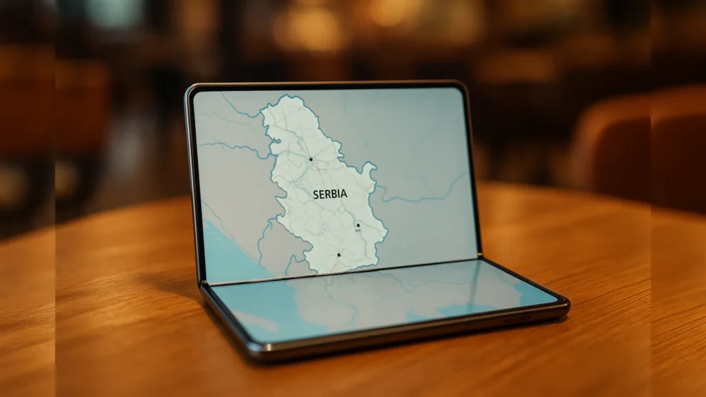 Honor Magic V5 rasklopljen na stolu u kafiću u Beogradu, ekran prikazuje mapu Srbije