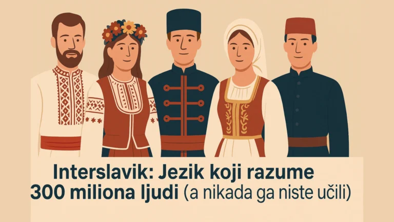 Ilustracija ljudi u različitim slovenskim narodnim nošnjama sa natpisom Interslavik – jezik koji razume 300 miliona ljudi