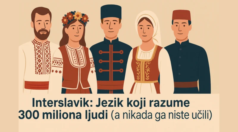 Ilustracija ljudi u različitim slovenskim narodnim nošnjama sa natpisom Interslavik – jezik koji razume 300 miliona ljudi