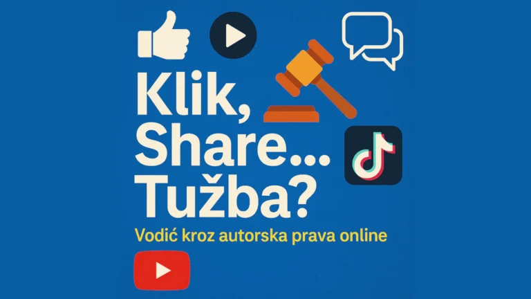 Ilustracija sa natpisom „Klik, Share… Tužba?“ uz ikone društvenih mreža, čekić suda i podnaslov „Vodič kroz autorska prava online“