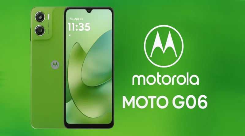 Motorola Moto G06 u zelenoj boji sa istaknutim ekranom i logoom na zelenoj pozadini
