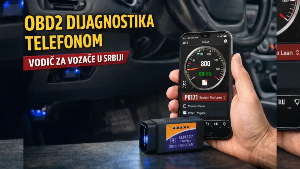 Pametni telefon sa OBD2 aplikacijom i ELM327 adapter u unutrašnjosti automobila