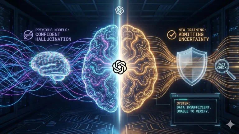 Futuristička ilustracija digitalnog mozga veštačke inteligencije koja prolazi kroz proces verifikacije podataka, simbolizujući novi OpenAI trening za smanjenje AI halucinacija i povećanje tačnosti odgovora.