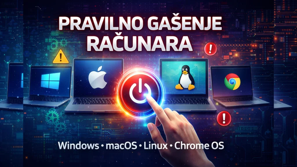 Ilustracija pravilnog gašenja računara sa ikonama Windows, macOS, Linux i Chrome OS i velikim power dugmetom u centru.