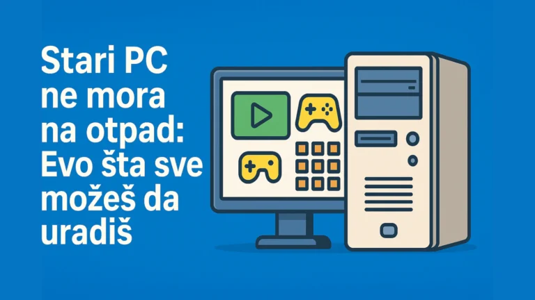 Ilustracija starog desktop računara i monitora sa ikonama za igre i multimediju