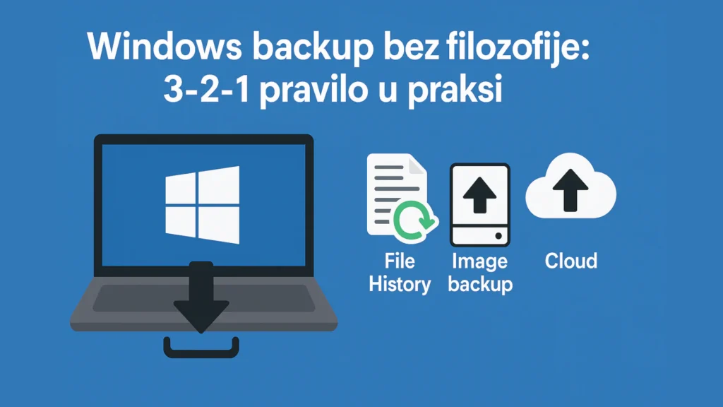 Ilustracija Windows laptopa sa ikonama File History, Image backup i Cloud uz naslov „Windows backup bez filozofije: 3-2-1 pravilo u praksi“.