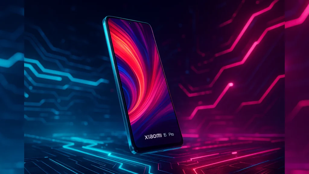 Xiaomi 15T Pro lebdi u futurističkom cyberpunk digitalnom prostoru sa neon plavim i roze linijama