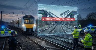 Britanski putnički voz zaustavljen je noću na pruzi ispred velikog, svetlećeg digitalnog holograma koji prikazuje lažnu sliku srušenog mosta sa crvenim natpisom "AI GENERATED HOAX - TRACK BLOCKED". Policajci i železnički inženjeri u fluorescentnim prslucima nalaze se pored pruge, obezbeđuju scenu i gledaju u tablete, dok policijska vozila sa upaljenim rotacijama stoje sa strane.