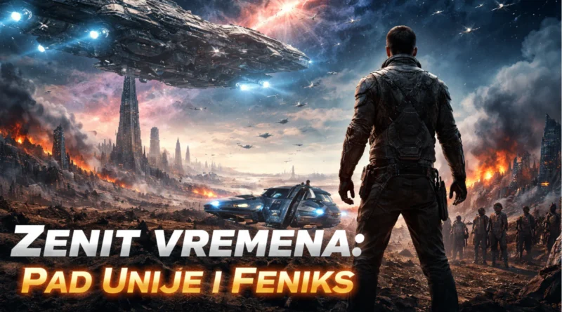 Ilustracija sci-fi scene: ranjeni vojnik gleda ruševine grada dok iznad lebdi oštećena krstarica i formacija brodova.